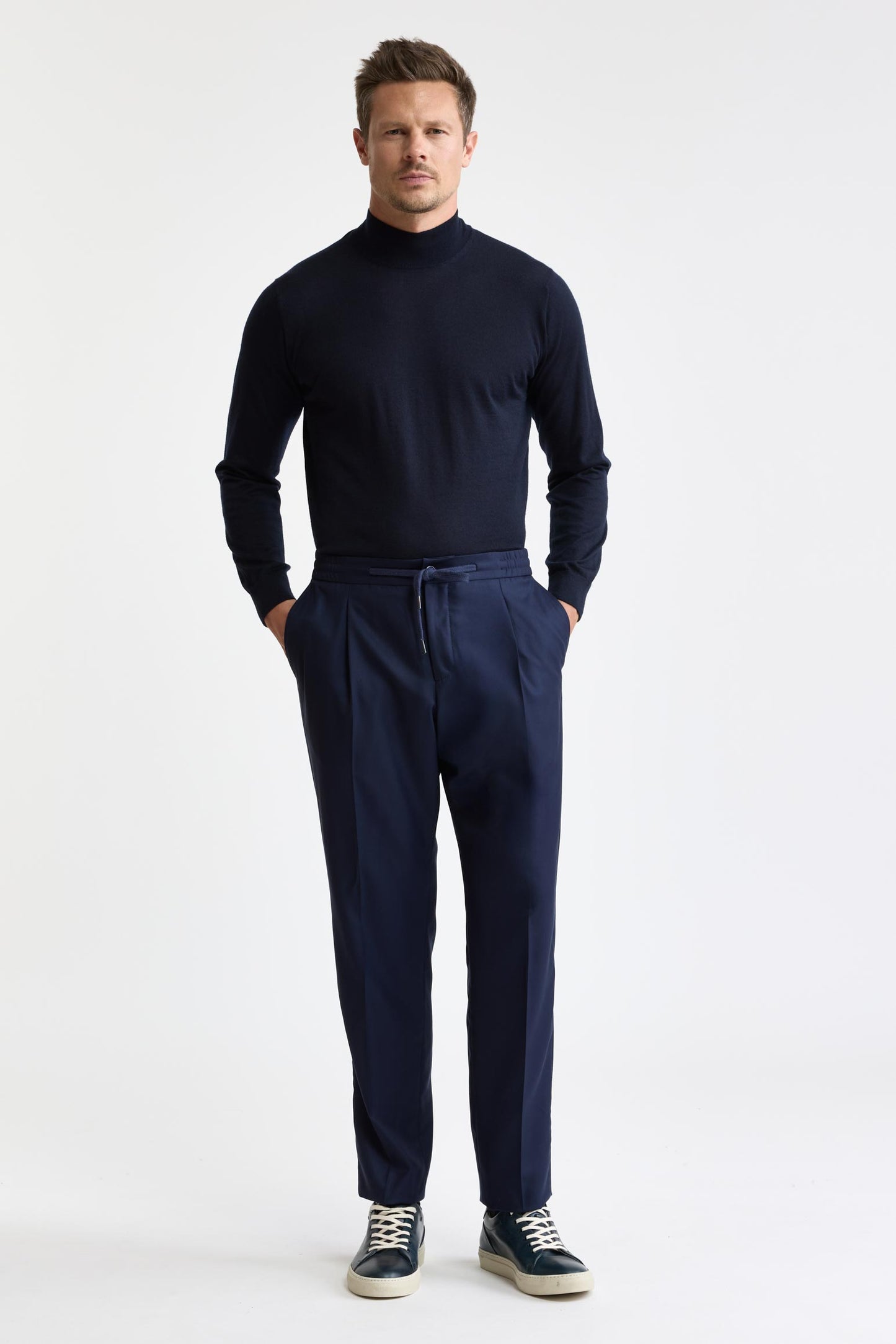 Dark Blue 100% Cashmere Drawstring Trousers Golden Gate