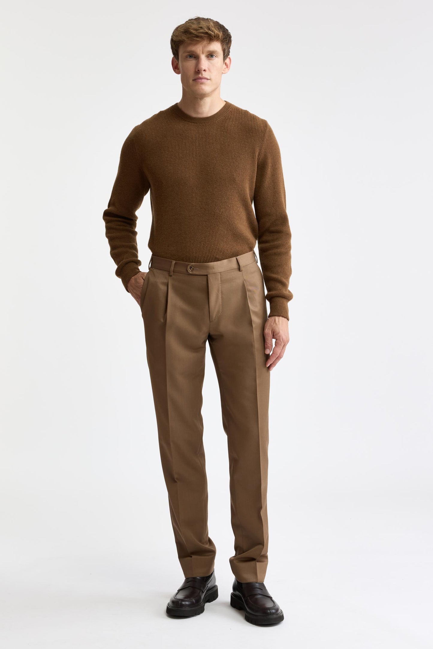 Medium Beige Wool & Cashmere Super 120's Signature Trousers Royal Gabardine