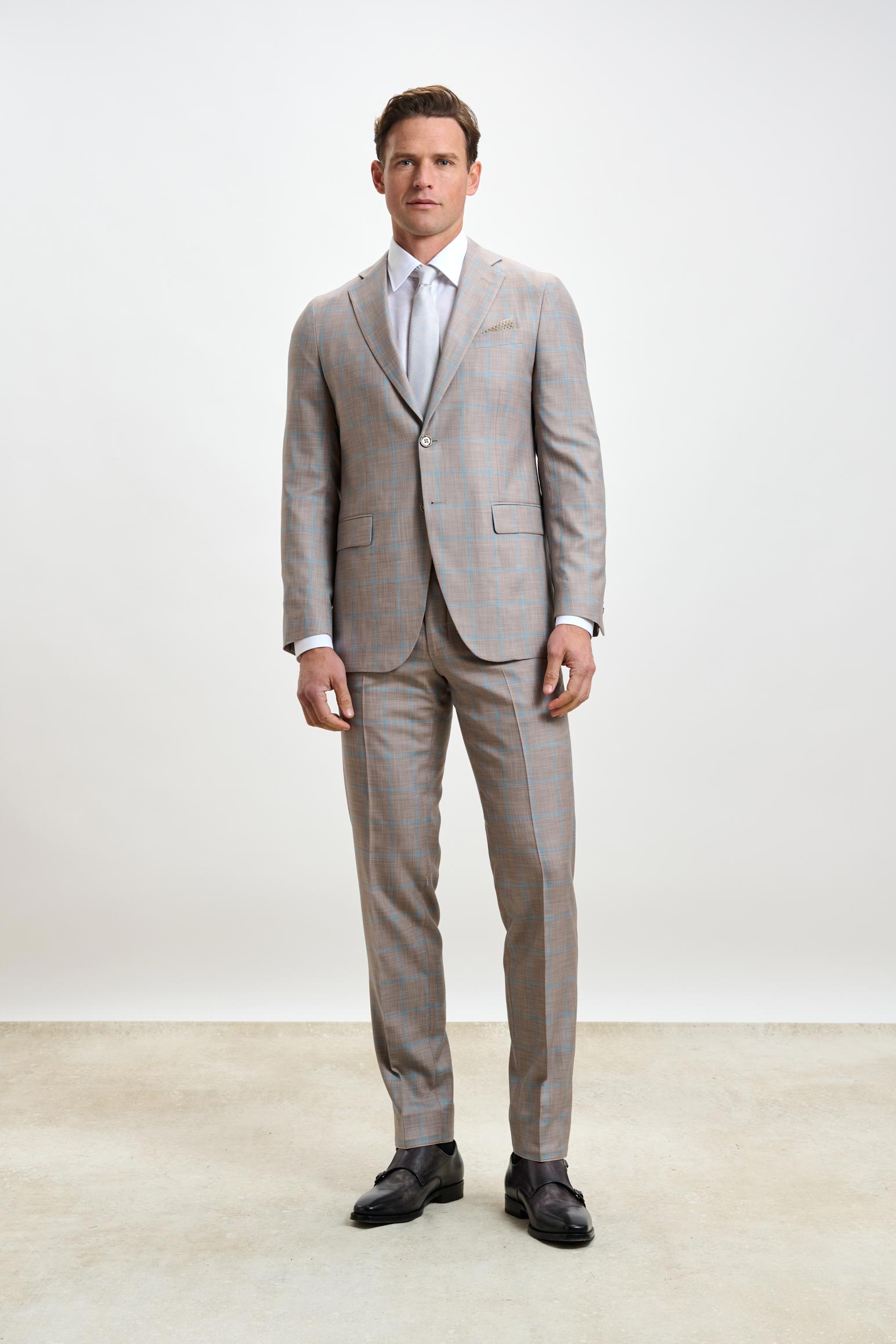 Kenton Suit Sleek Check Beige Turquoise – Scabal