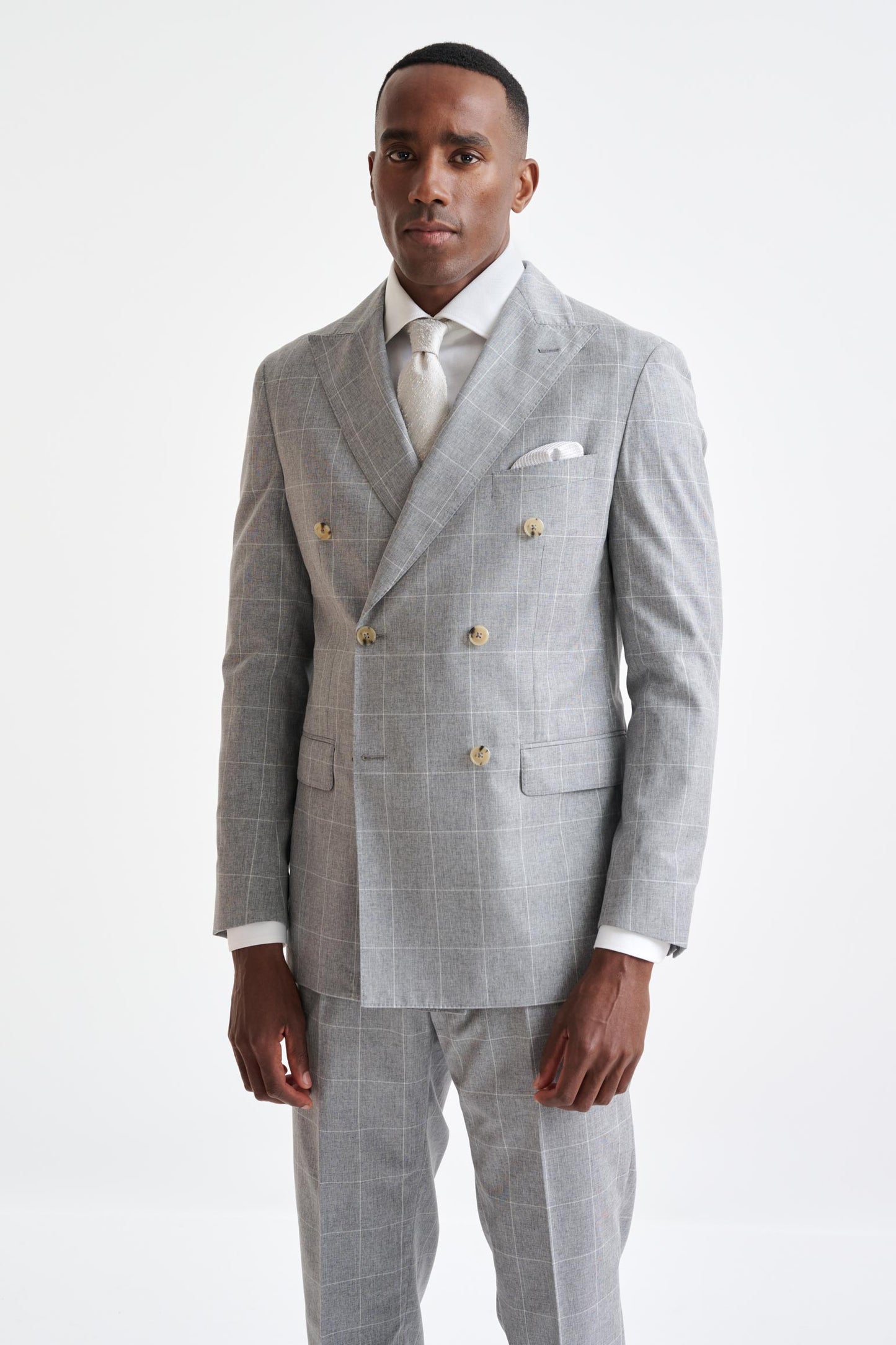 Grey Check Wool & Cotton Silk Kenton Suit Lifestyle