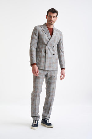 Grey Brown Check Wool & Cotton Silk Kenton Suit Lifestyle - View One