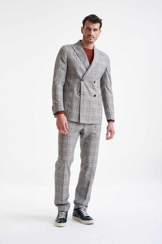 Grey Brown Check Wool & Cotton Silk Kenton Suit Lifestyle