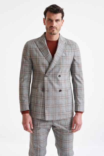 Grey Brown Check Wool & Cotton Silk Kenton Suit Lifestyle - View Two