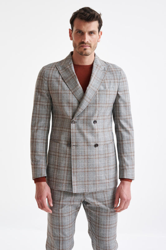 Grey Brown Check Wool & Cotton Silk Kenton Suit Lifestyle