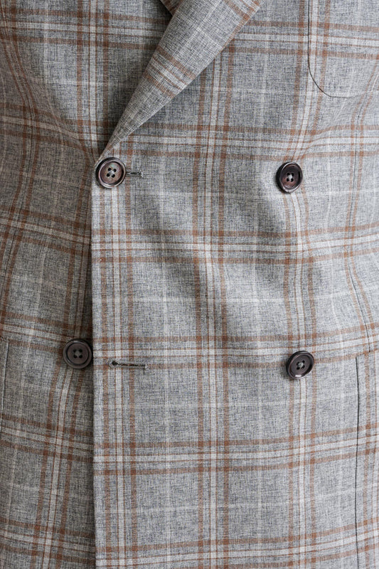 Grey Brown Check Wool & Cotton Silk Kenton Suit Lifestyle