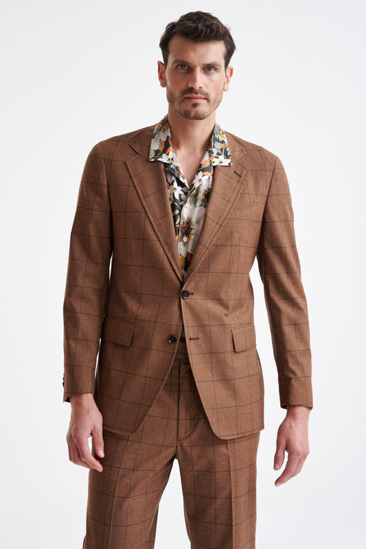 Brown Check Wool & Cotton Silk Kenton Suit Lifestyle