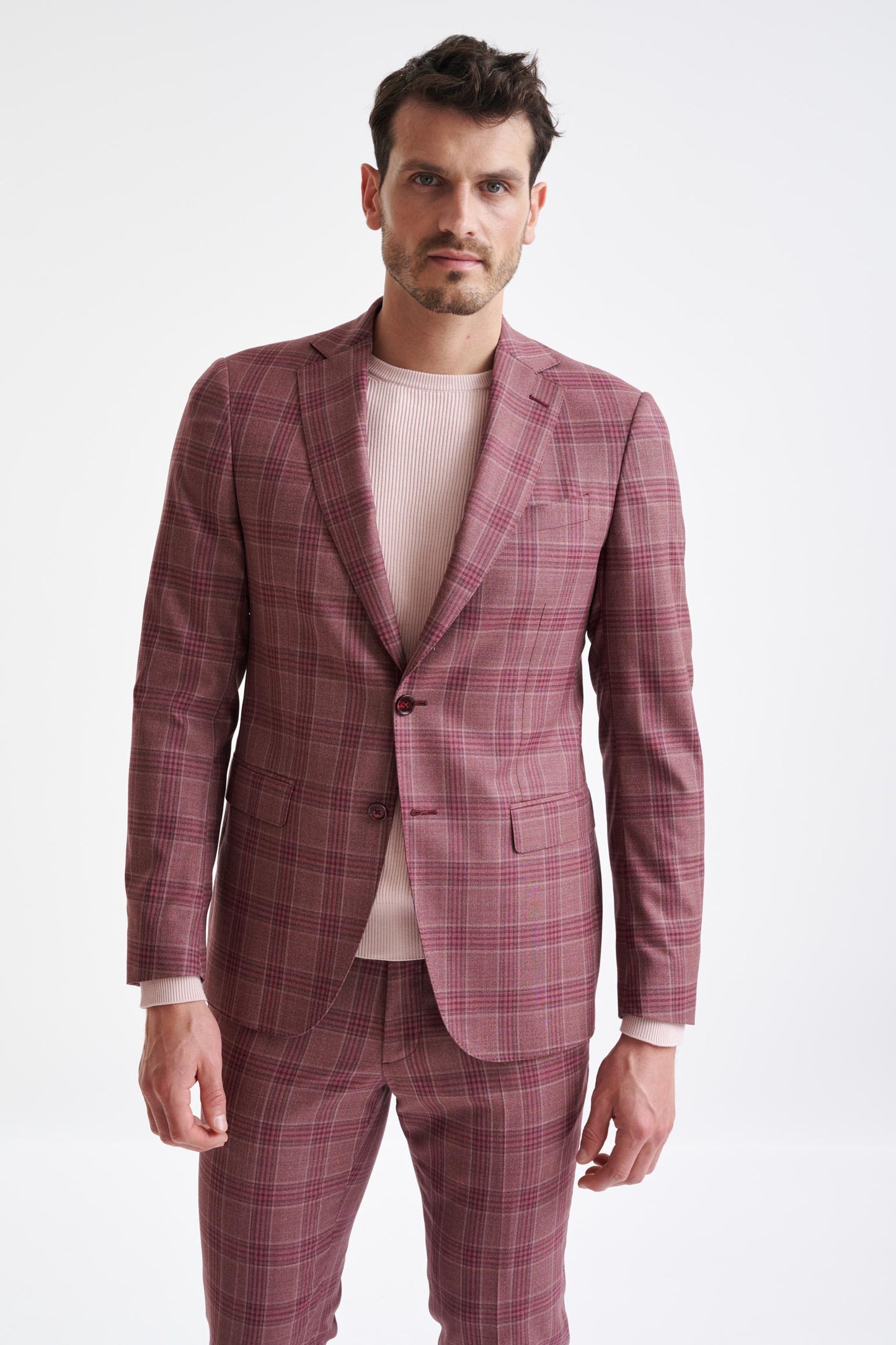 Check Pink Burgundy Super 130's Wool Soho Suit Mosaic