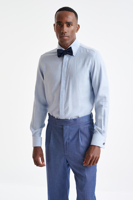 Medium Blue Melange Cotton & Cashmere Twill Formal Shirt - View One