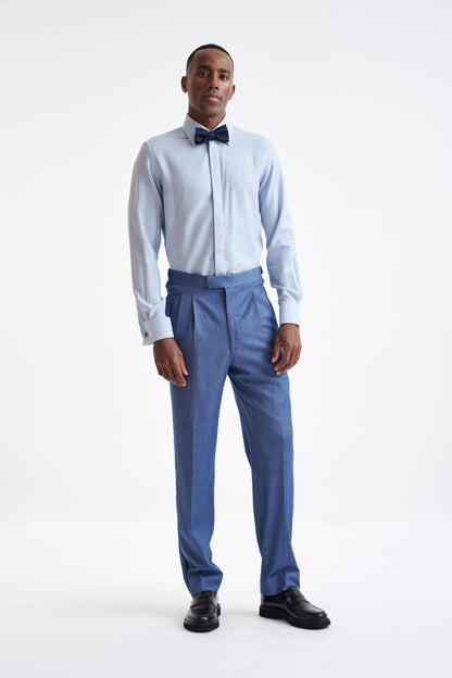 Medium Blue Melange Cotton & Cashmere Twill Formal Shirt - View Two