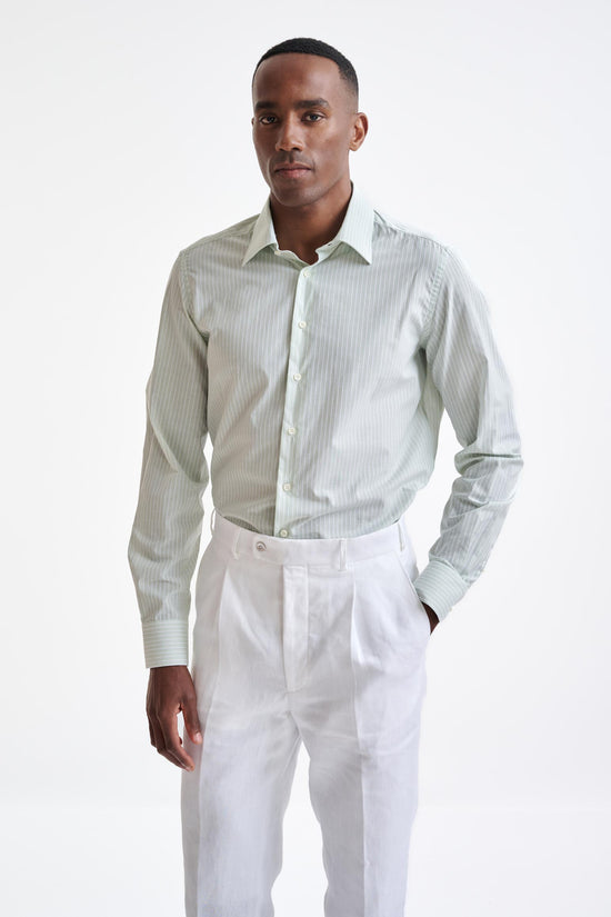 Stripped White & Green 100% Cotton Oxford Formal Shirt - View One