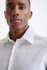Striped White Cotton Natural Stretch Honeycomb Formal Shirt - Image 3