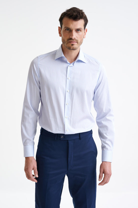 Stripped White & Blue 100% Cotton Poplin Formal Shirt - View One