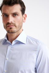 Stripped White & Blue 100% Cotton Poplin Formal Shirt - View Three