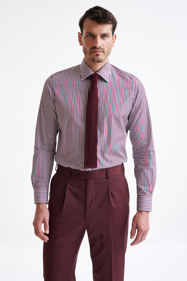 Camisa Formal Popelina 100% Algodón Bordo Azul Rayas