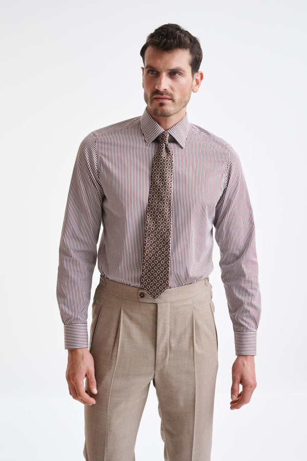 Camisa Formal Popelín 100% Algodón Rayas Marrón