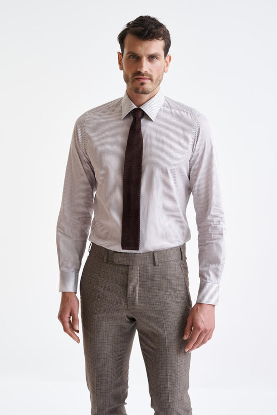 Stripped White & Brown 100% Cotton Herringbone Formal Shirt - View One