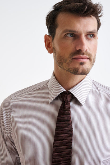 Stripped White & Brown 100% Cotton Herringbone Formal Shirt - View Three