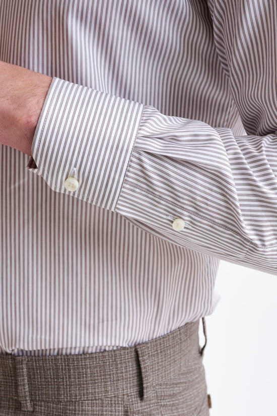 Stripped White & Brown 100% Cotton Herringbone Formal Shirt - View Four