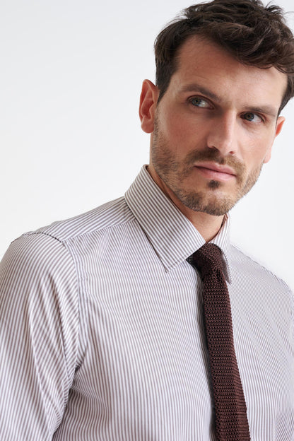 Stripped White & Brown 100% Cotton Herringbone Formal Shirt - View Five