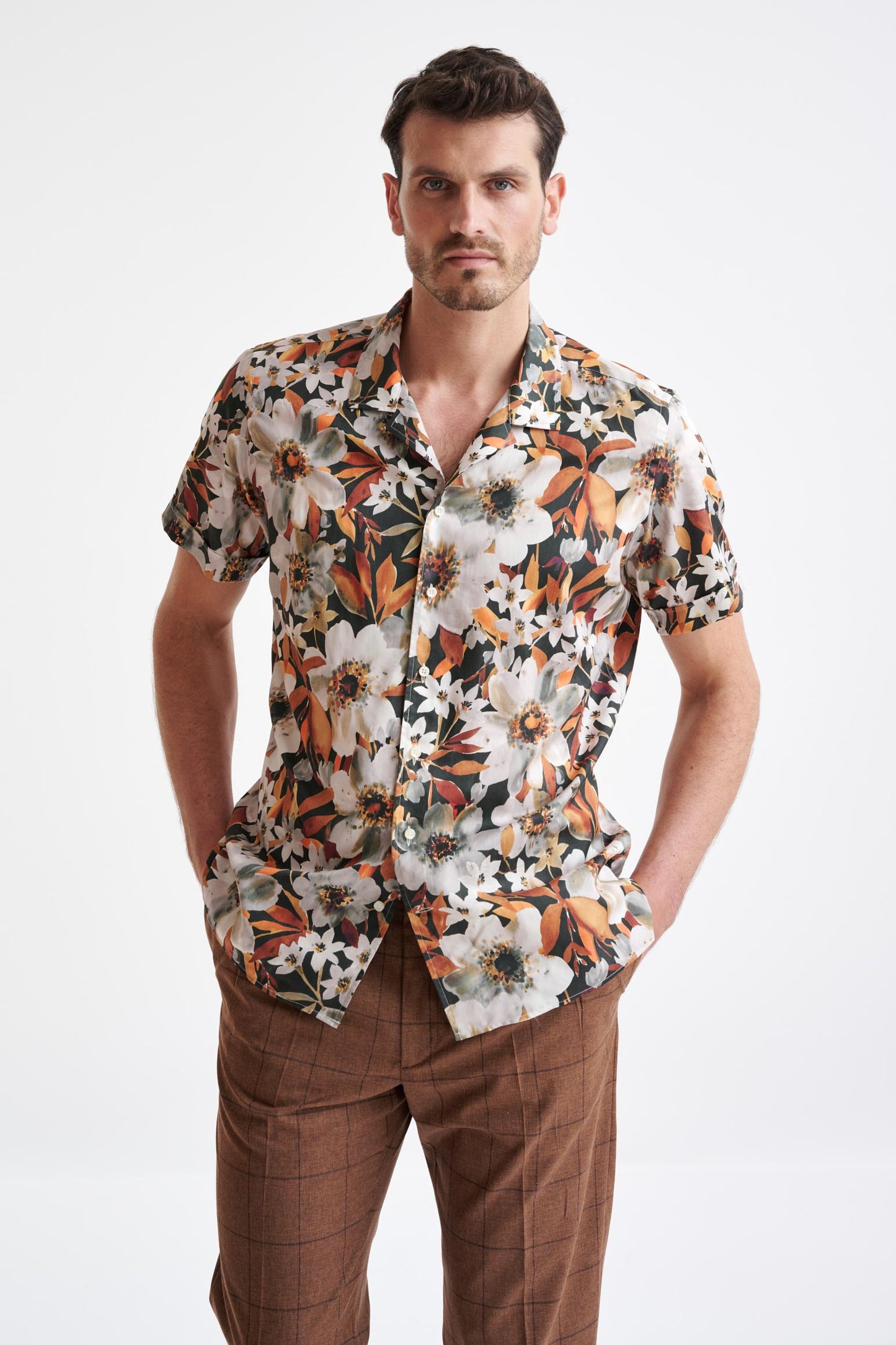 Brown Cotton & Silk Jacquard Casual Shirt