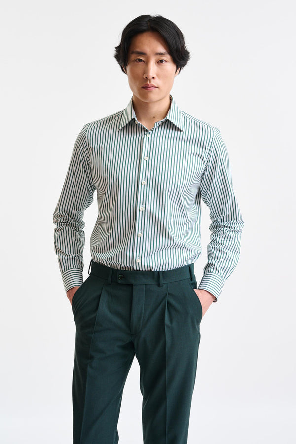 Chemise Habillée À Rayures Vertes Et Blanches 100% Coton Sergé