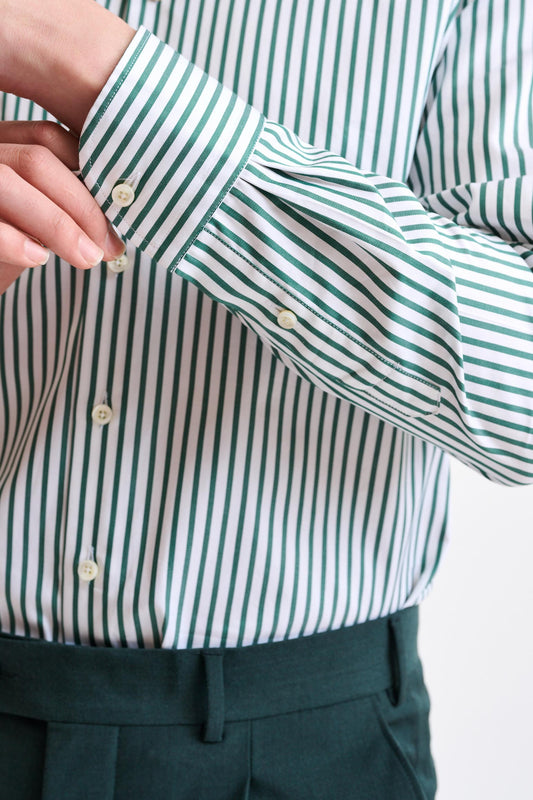 Green & White Stripped 100% Cotton Twill Formal Shirt - Image 3