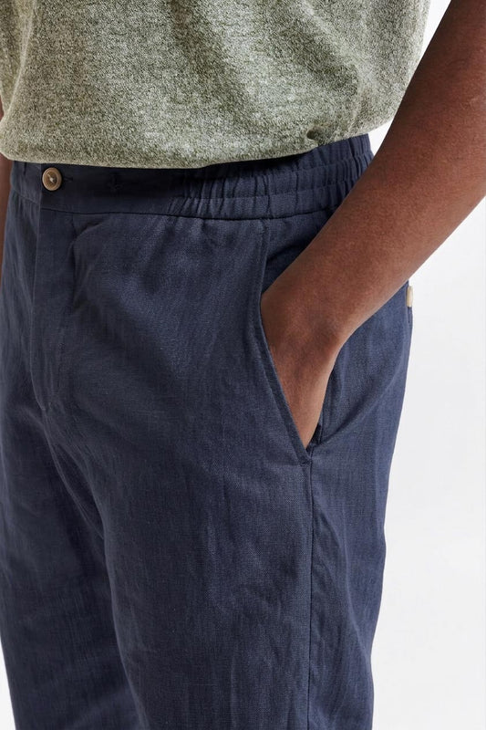 Dark Blue 100% Linen Drawstring Trousers Pure Linen