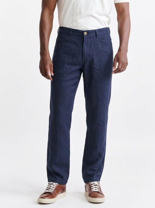 Dunkelblaue 100 % Leinen Fünf-Taschen-Hose Pure Linen