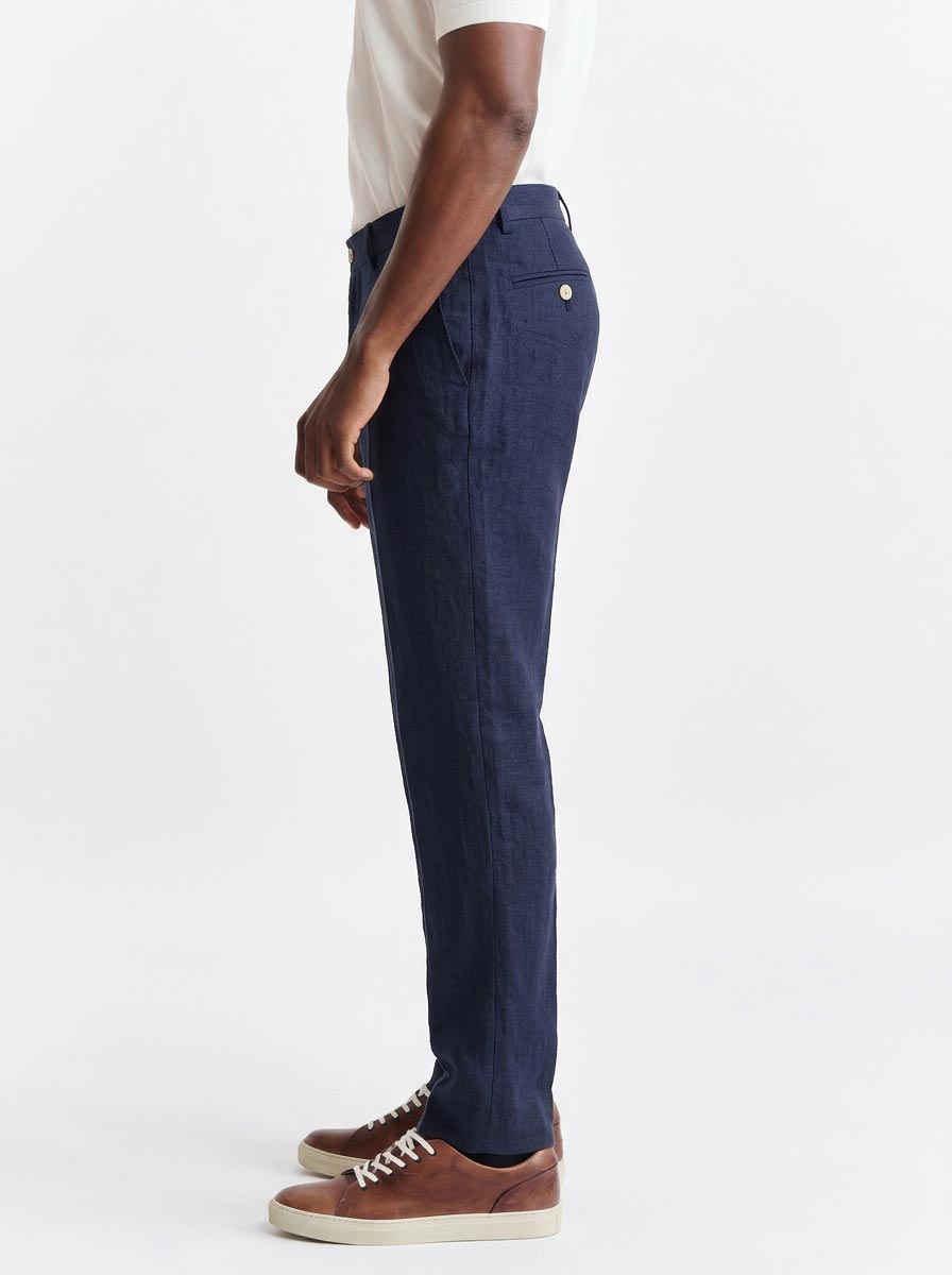 Donkerblauwe 100% Linnen Broek Met Vijf Zakken Pure Linen