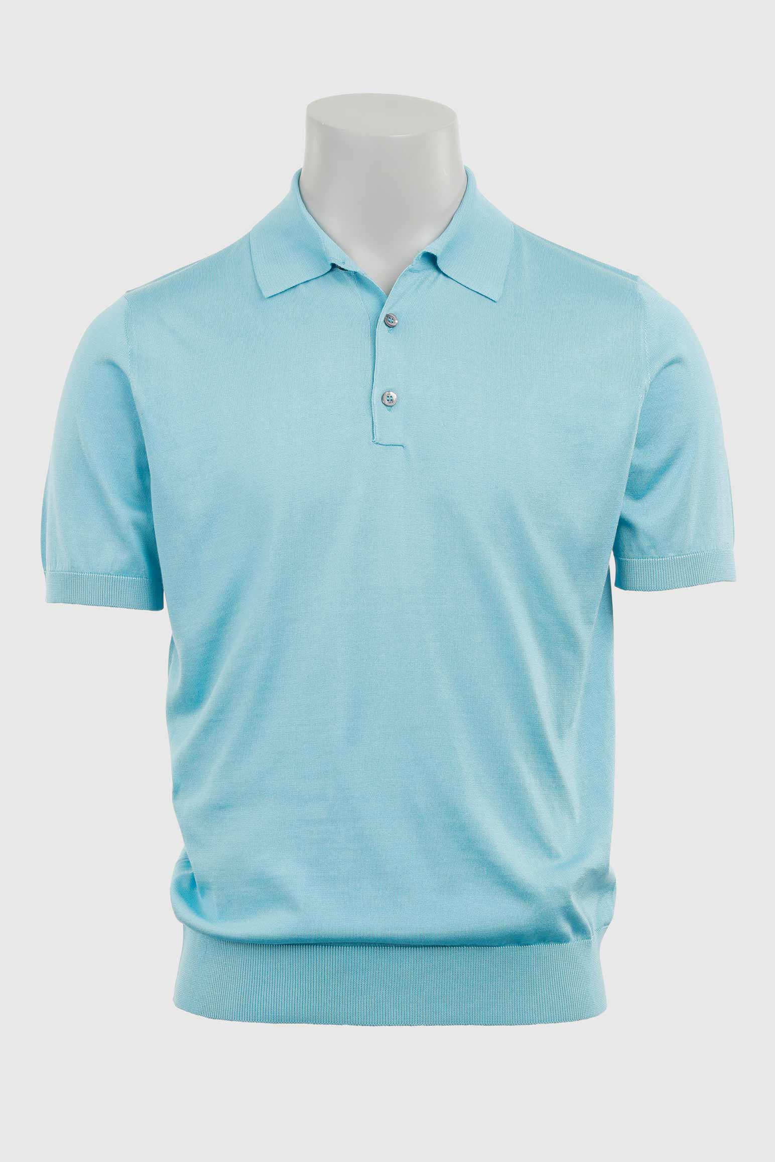 Turquoise Blue Silk Knitted Kendal Short Sleeve Button Polo Shirt