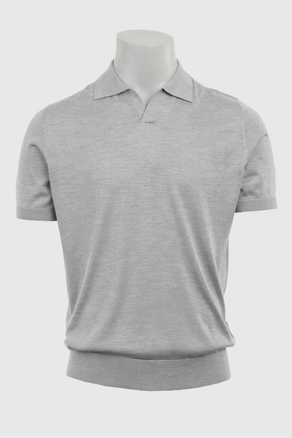 Cawdor Silk Knitted Short Sleeve Open Collar Polo Shirt Grey